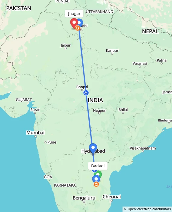 Route map showing distance and travel time from Badvel, India to Jhajjar, India