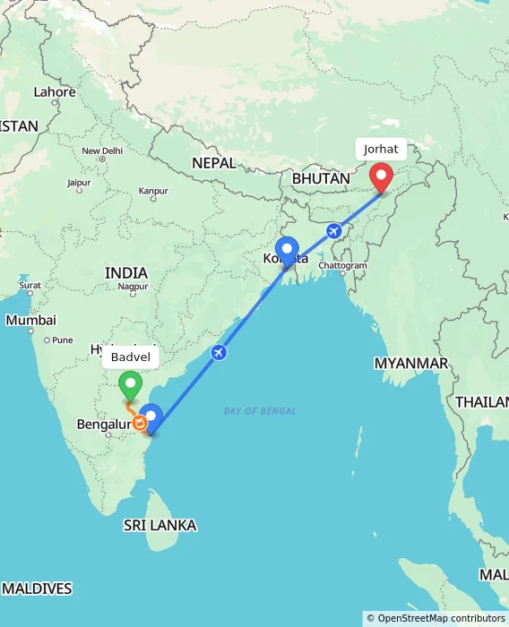 Route map showing distance and travel time from Badvel, India to Jorhat, India