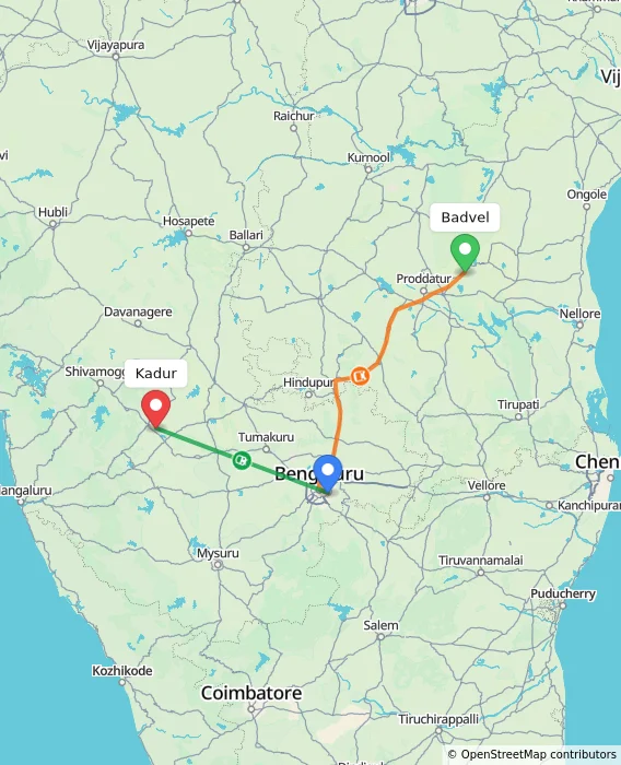 Route map showing distance and travel time from Badvel, India to Kadur, India
