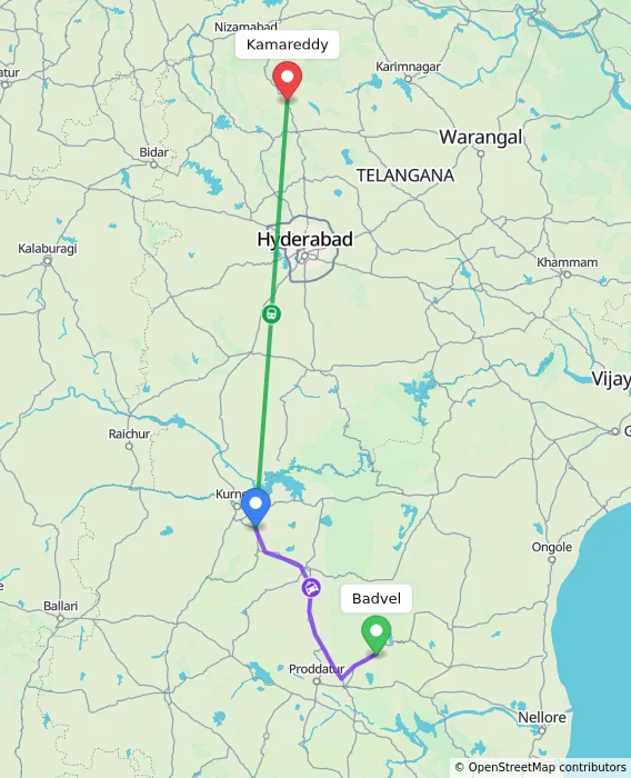 Route map showing distance and travel time from Badvel, India to Kamareddy, India