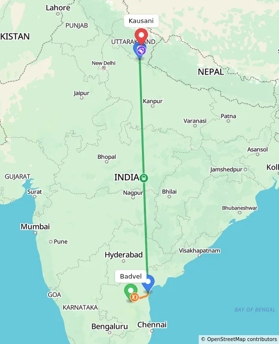 Route map showing distance and travel time from Badvel, India to Kausani, India