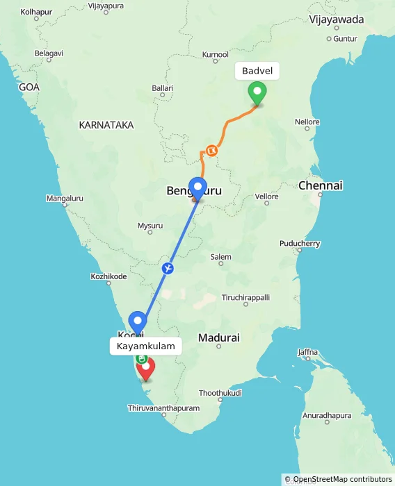 Route map showing distance and travel time from Badvel, India to Kayamkulam, India