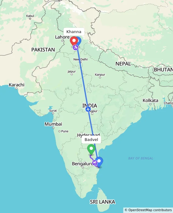 Route map showing distance and travel time from Badvel, India to Khanna, India