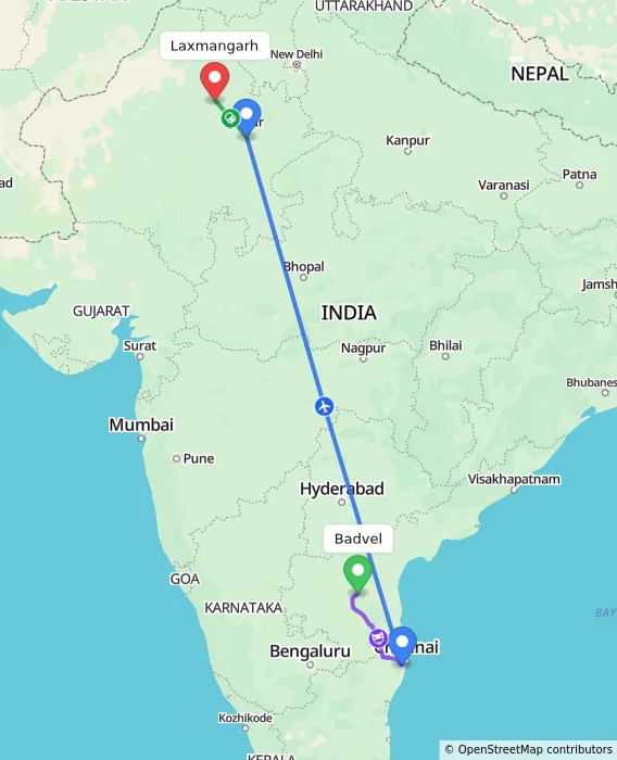 Route map showing distance and travel time from Badvel, India to Laxmangarh, India