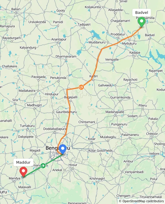 Route map showing distance and travel time from Badvel, India to Maddur, India