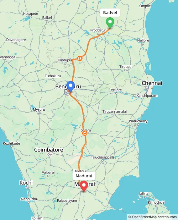 Route map showing distance and travel time from Badvel, India to Madurai, India