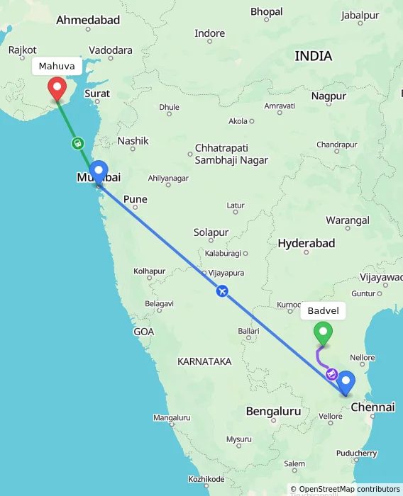 Route map showing distance and travel time from Badvel, India to Mahuva, India