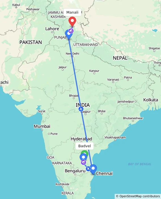 Route map showing distance and travel time from Badvel, India to Manali, India