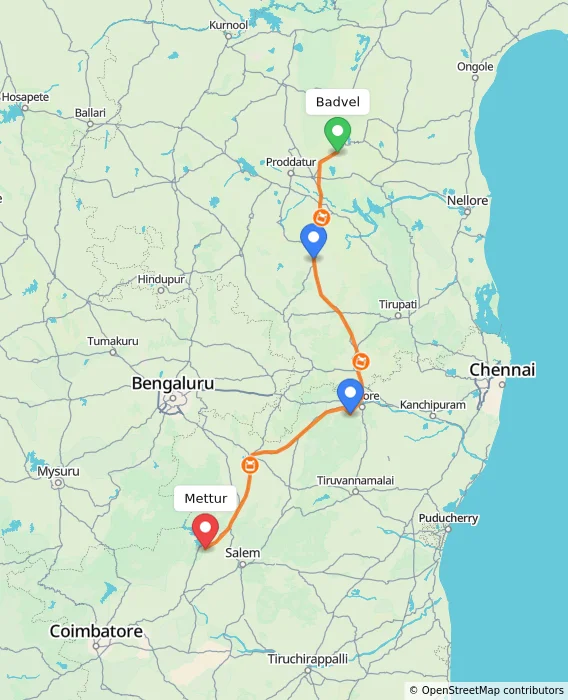 Route map showing distance and travel time from Badvel, India to Mettur, India