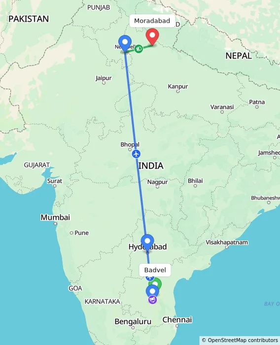 Route map showing distance and travel time from Badvel, India to Moradabad, India