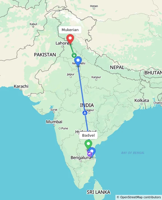 Route map showing distance and travel time from Badvel, India to Mukerian, India