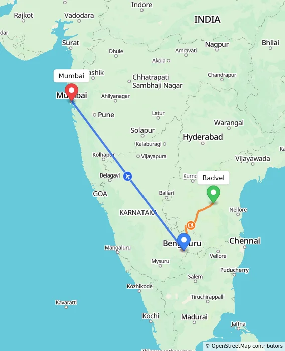 Route map showing distance and travel time from Badvel, India to Mumbai, India
