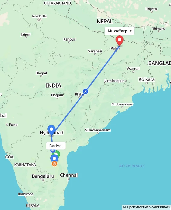 Route map showing distance and travel time from Badvel, India to Muzaffarpur, India