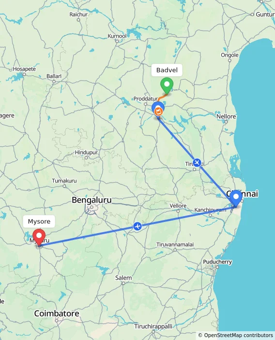Route map showing distance and travel time from Badvel, India to Mysore, India