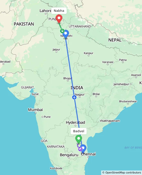 Route map showing distance and travel time from Badvel, India to Nabha, India