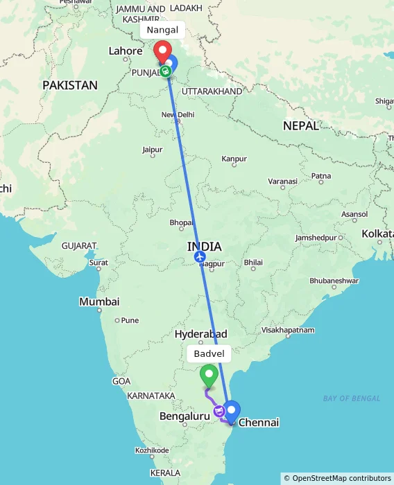 Route map showing distance and travel time from Badvel, India to Nangal, India
