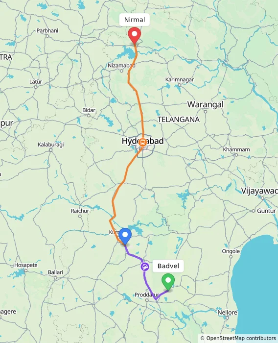 Route map showing distance and travel time from Badvel, India to Nirmal, India