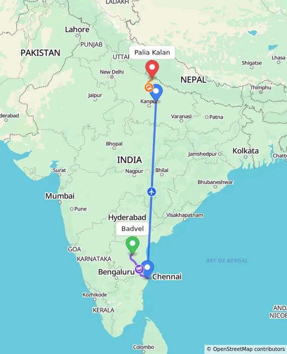 Route map showing distance and travel time from Badvel, India to Palia Kalan, India