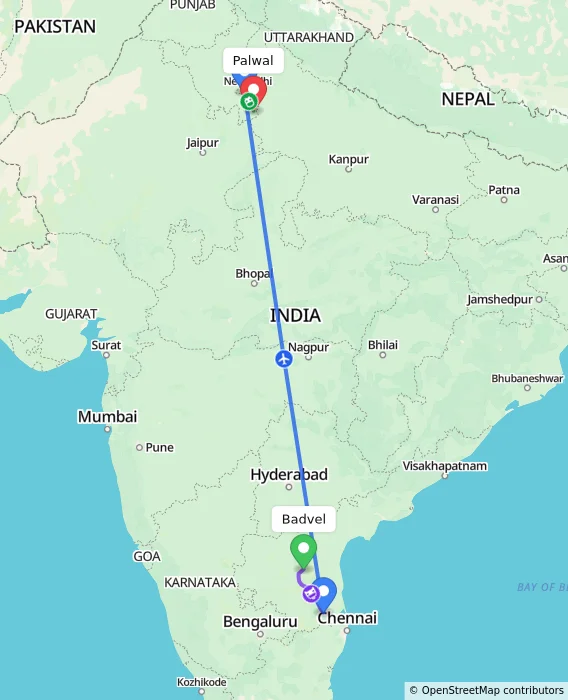 Route map showing distance and travel time from Badvel, India to Palwal, India