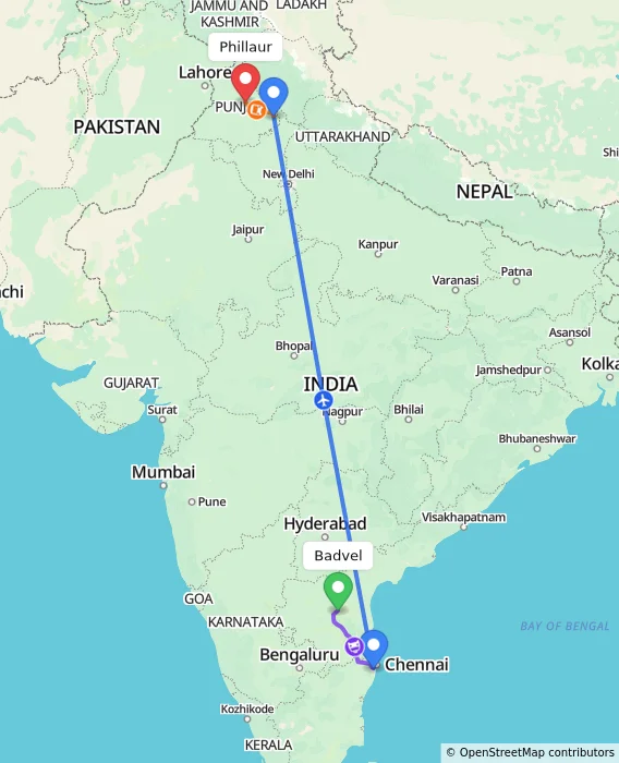 Route map showing distance and travel time from Badvel, India to Phillaur, India