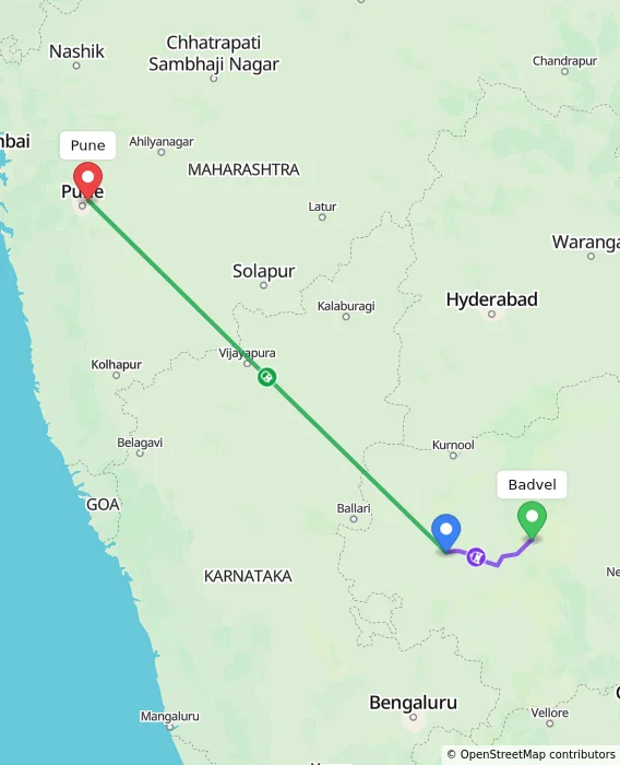 Route map showing distance and travel time from Badvel, India to Pune, India