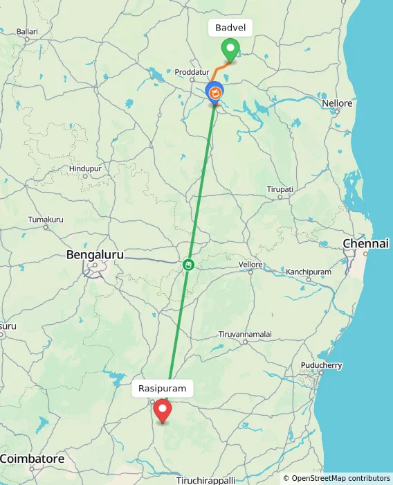 Route map showing distance and travel time from Badvel, India to Rasipuram, India