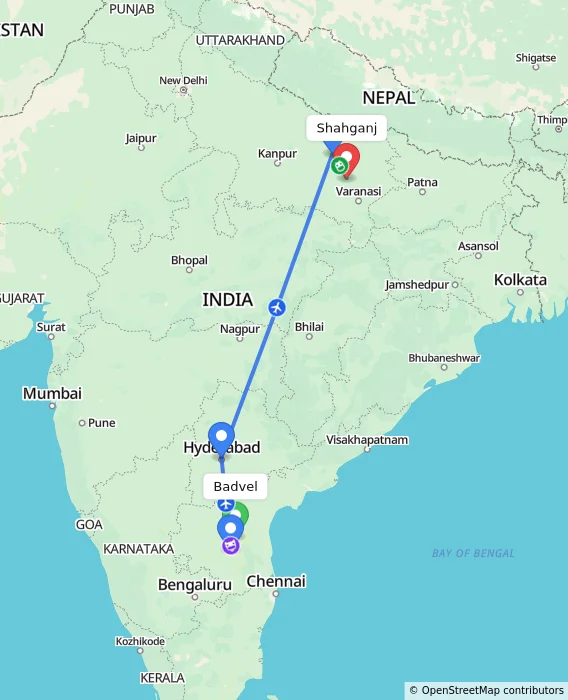 Route map showing distance and travel time from Badvel, India to Shahganj, India