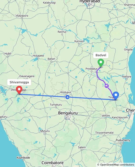 Route map showing distance and travel time from Badvel, India to Shivamogga, India