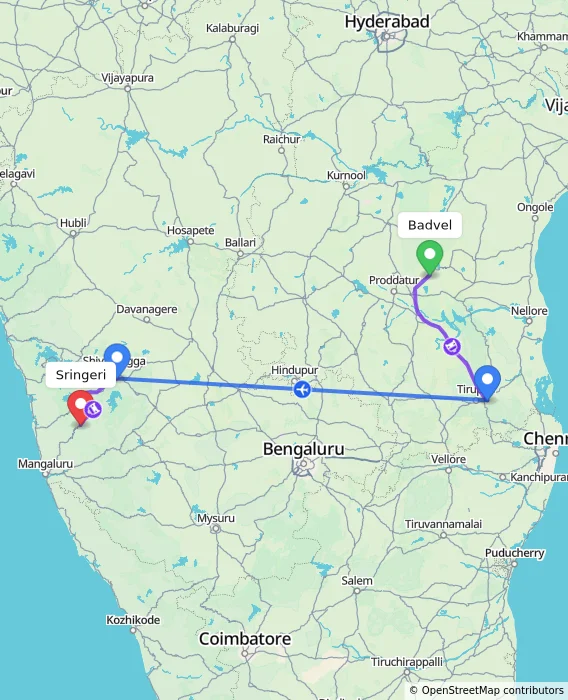 Route map showing distance and travel time from Badvel, India to Sringeri, India