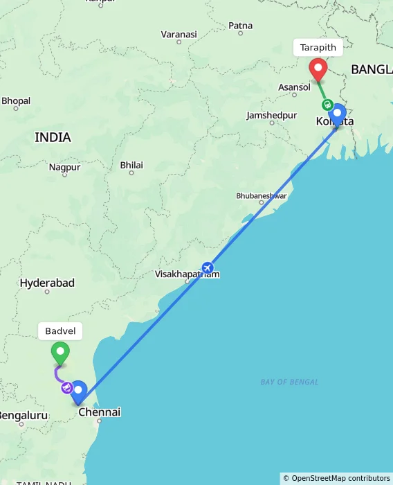 Route map showing distance and travel time from Badvel, India to Tarapith, India