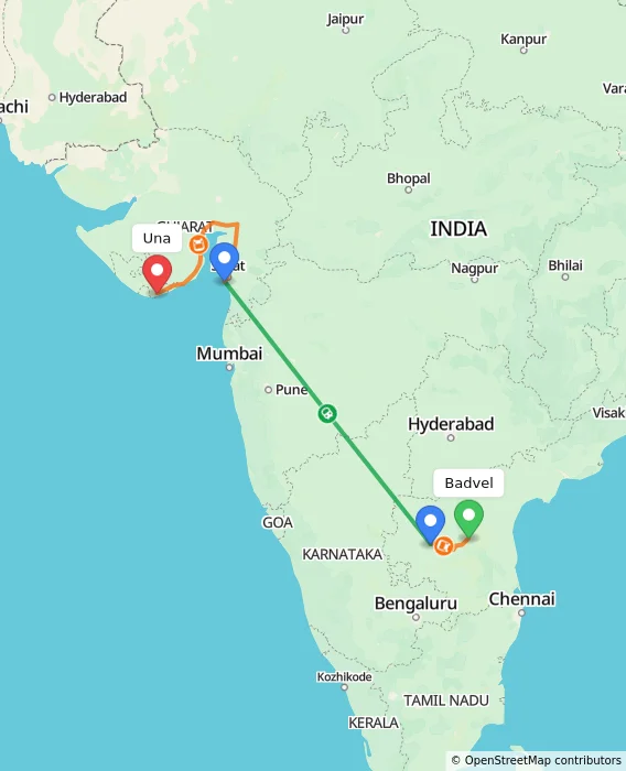 Route map showing distance and travel time from Badvel, India to Una, India