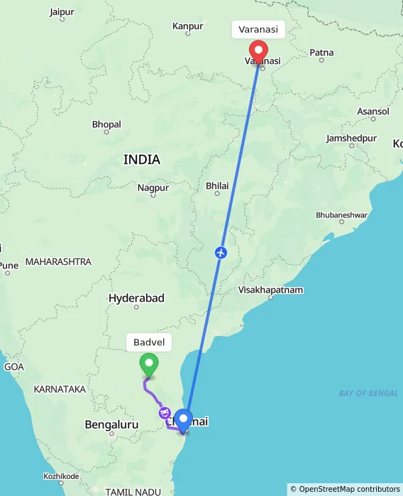 Route map showing distance and travel time from Badvel, India to Varanasi, India