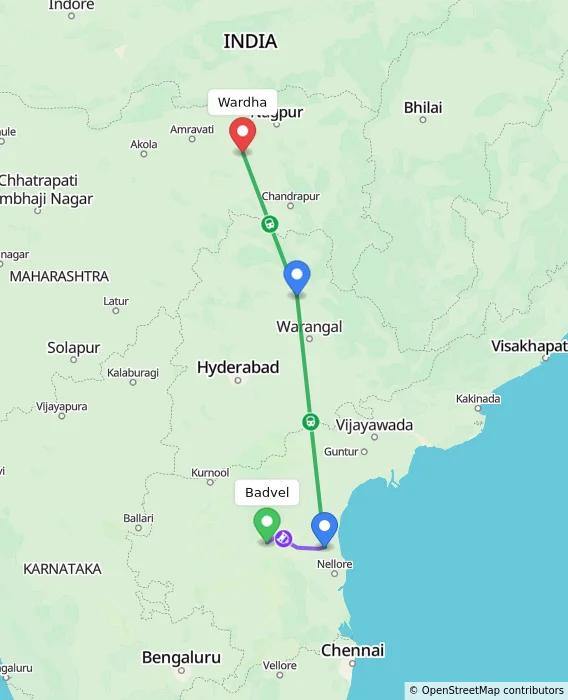 Route map showing distance and travel time from Badvel, India to Wardha, India
