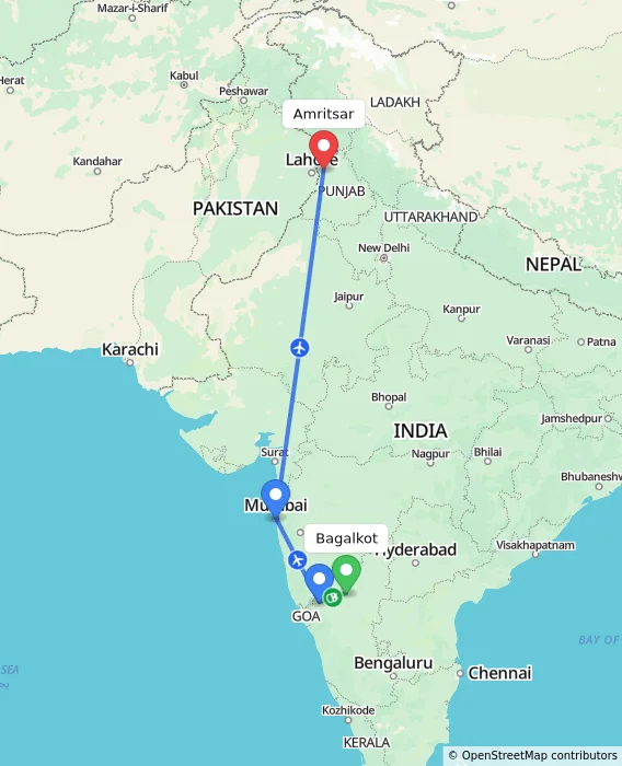 Route map showing distance and travel time from Bagalkot, India to Amritsar, India