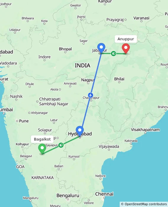 Route map showing distance and travel time from Bagalkot, India to Anuppur, India