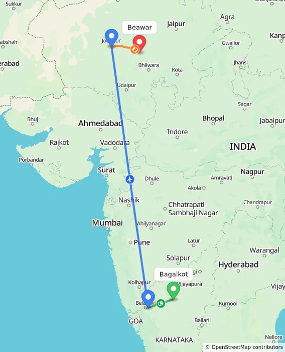 Route map showing distance and travel time from Bagalkot, India to Beawar, India