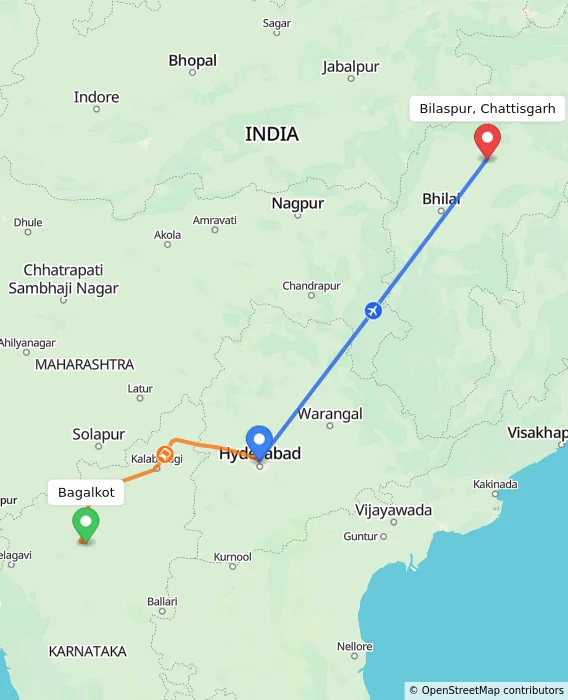 Route map showing distance and travel time from Bagalkot, India to Bilaspur, Chattisgarh, India