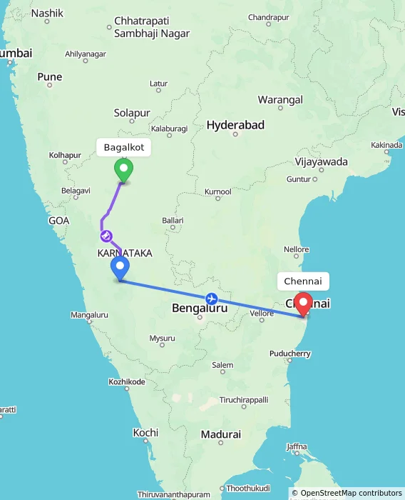 Route map showing distance and travel time from Bagalkot, India to Chennai, India