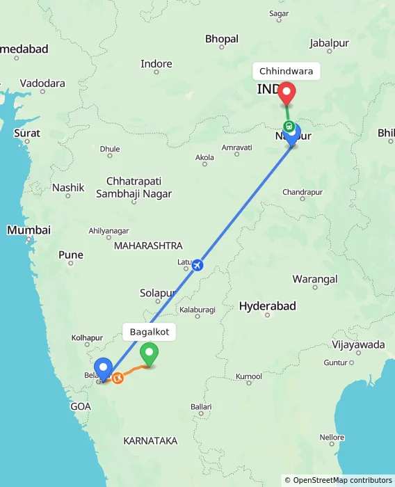 Route map showing distance and travel time from Bagalkot, India to Chhindwara, India