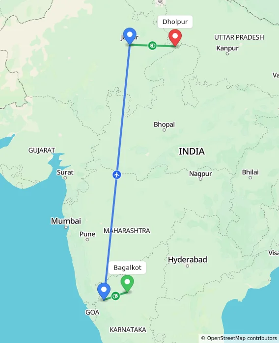 Route map showing distance and travel time from Bagalkot, India to Dholpur, India