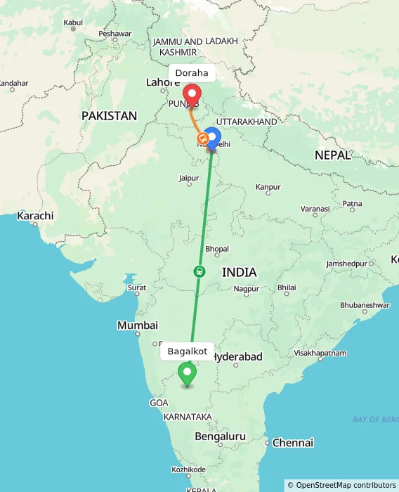 Route map showing distance and travel time from Bagalkot, India to Doraha, India