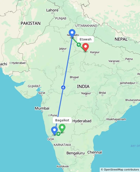Route map showing distance and travel time from Bagalkot, India to Etawah, India