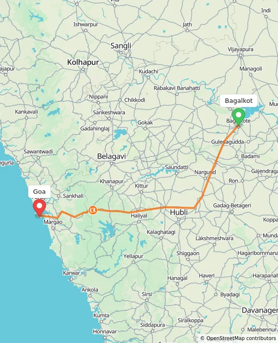 Route map showing distance and travel time from Bagalkot, India to Goa, India