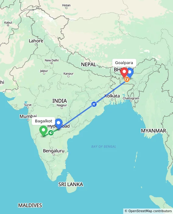 Route map showing distance and travel time from Bagalkot, India to Goalpara, India