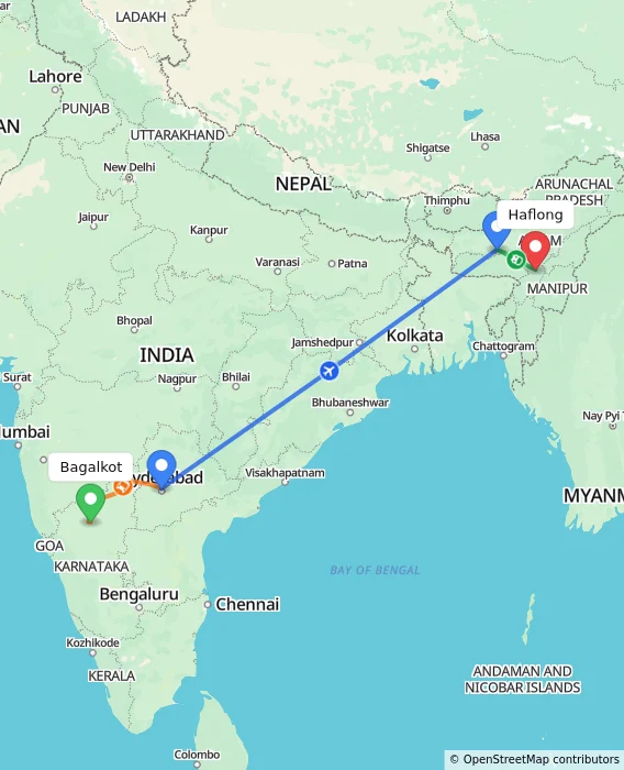 Route map showing distance and travel time from Bagalkot, India to Haflong, India