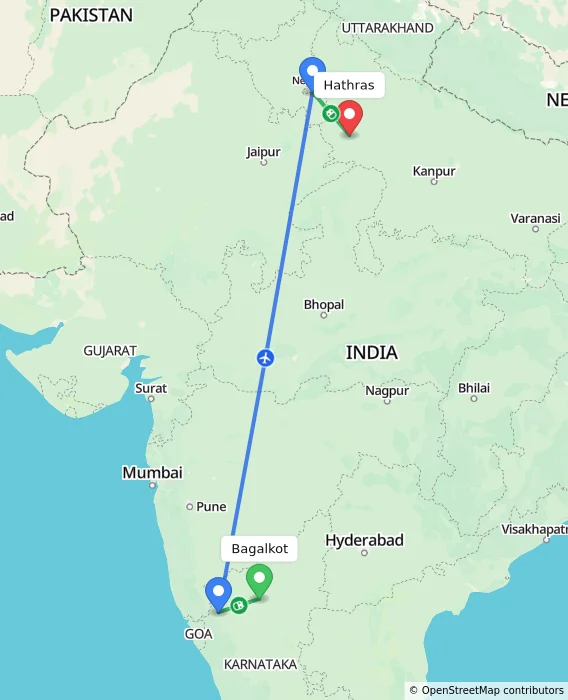 Route map showing distance and travel time from Bagalkot, India to Hathras, India
