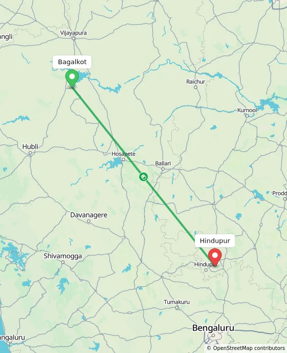 Route map showing distance and travel time from Bagalkot, India to Hindupur, India