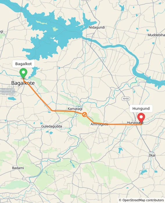 Route map showing distance and travel time from Bagalkot, India to Hungund, India