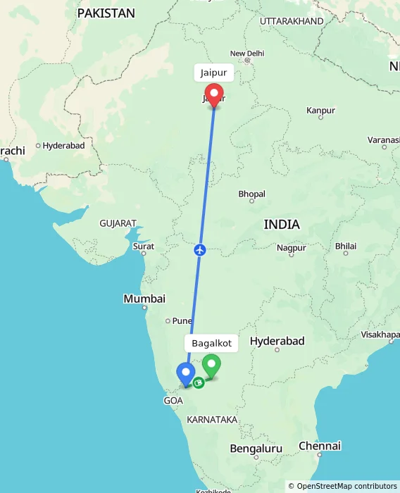 Route map showing distance and travel time from Bagalkot, India to Jaipur, India