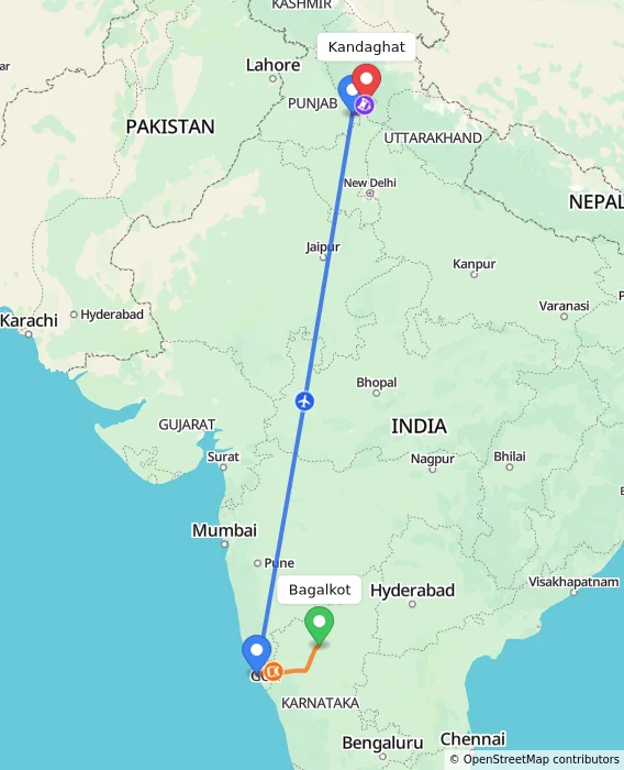 Route map showing distance and travel time from Bagalkot, India to Kandaghat, India